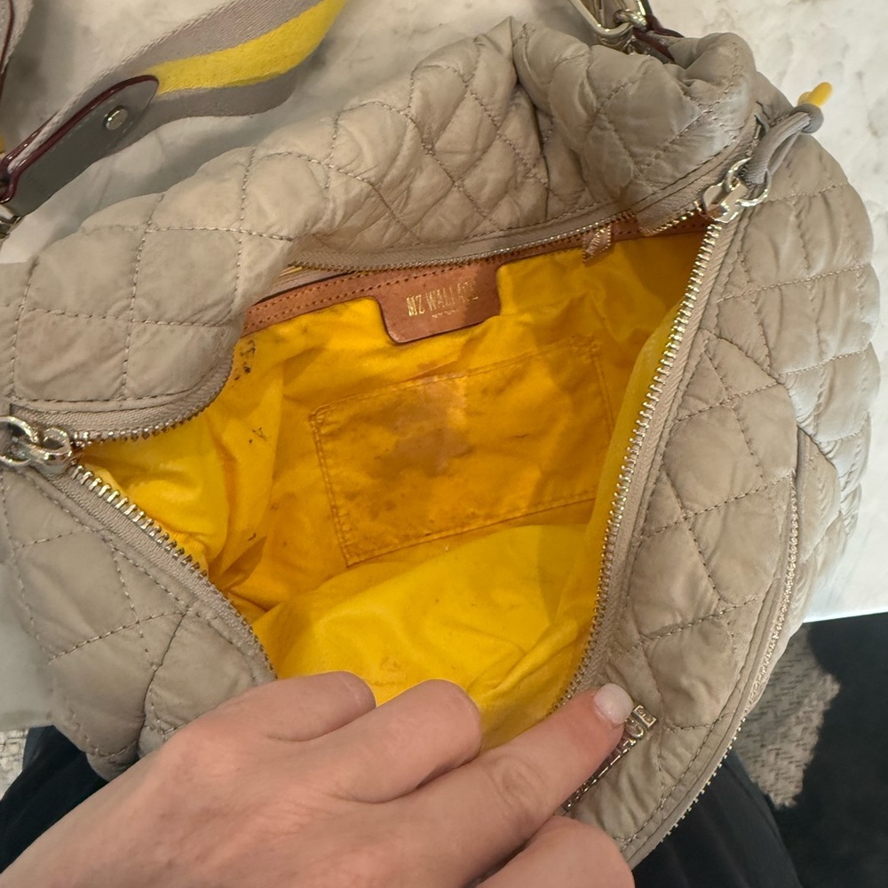 MZ Wallace Quilted Crossbody Shoulder Bag in Light Taupe with Yellow Strap - Picture 3 of 3